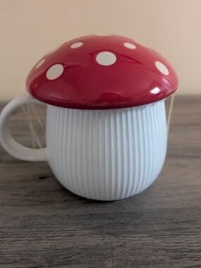 Cost Plus World Market White Ceramic Mug with Red Polka-Dot Mushroom Lid